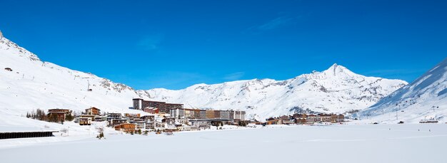 Panoramic view of Tignes village in winter, France.