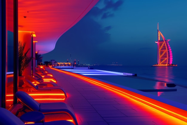 Free photo panoramic views of dubai city illuminated in a neon spectrum