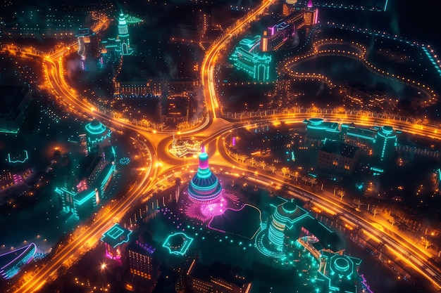 Free photo panoramic views of dubai city illuminated in a neon spectrum