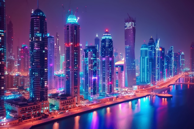 Panoramic views of dubai city illuminated in a neon spectrum