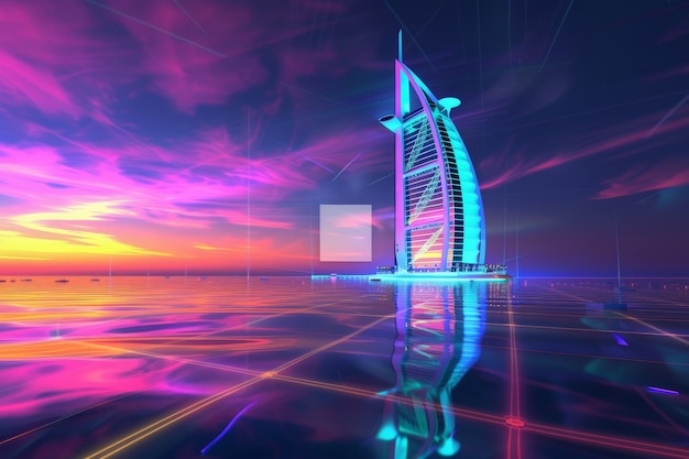 Free photo panoramic views of dubai city illuminated in a neon spectrum