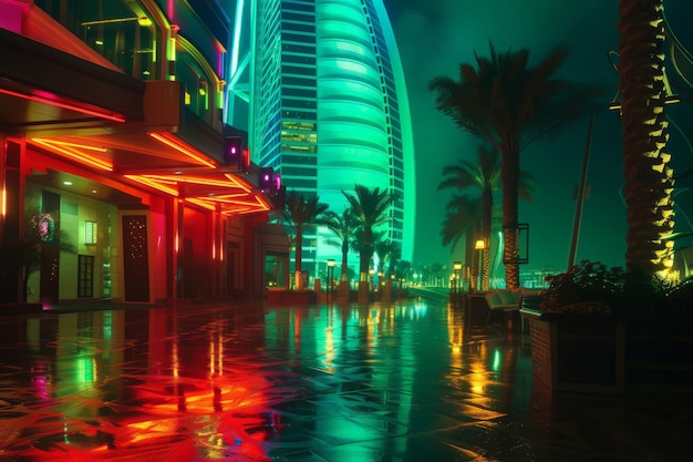 Panoramic views of dubai city illuminated in a neon spectrum