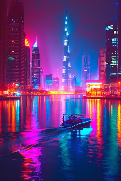 Free Photo panoramic views of dubai city illuminated in a neon spectrum