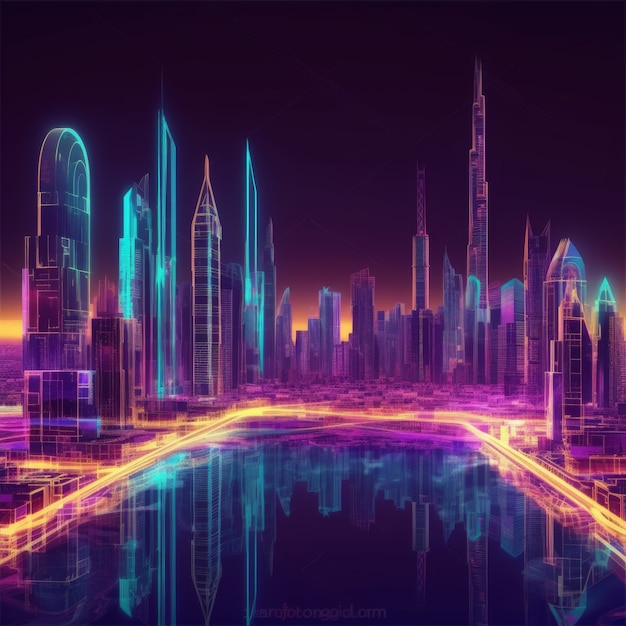 Free Photo panoramic views of dubai city illuminated in a neon spectrum