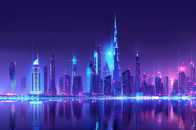 Free Photo panoramic views of dubai city illuminated in a neon spectrum