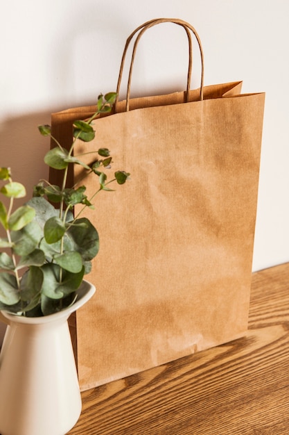 Paper bag and plant on wooden surface