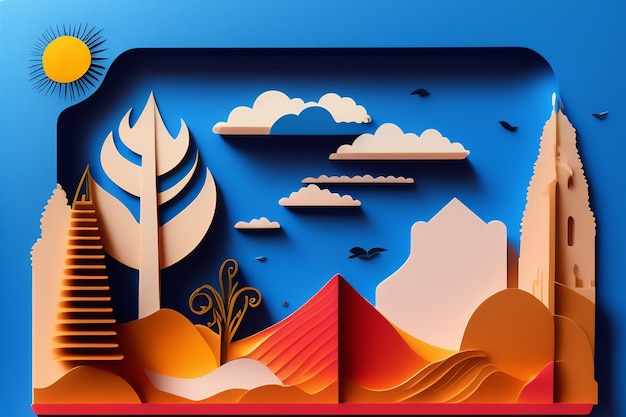 Paper cut art of a mountain scene with a tent in the foreground and a blue sky with clouds.