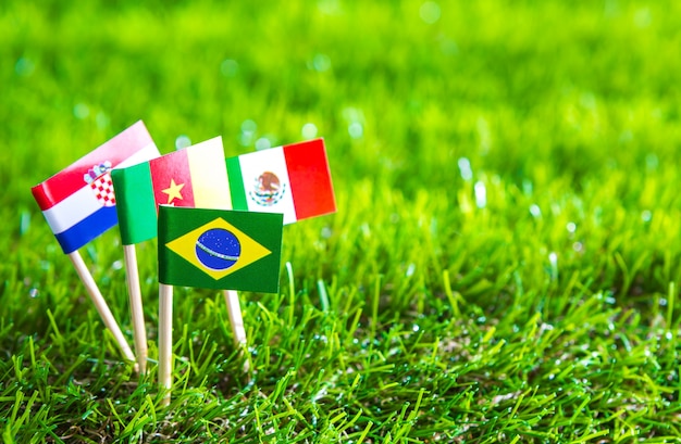 Free Photo paper cut of flags on grass for soccer championship 2014