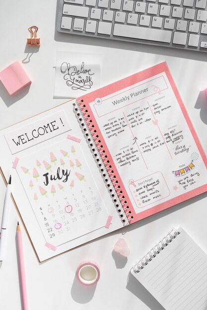 Paper planner bullet journal with stationery