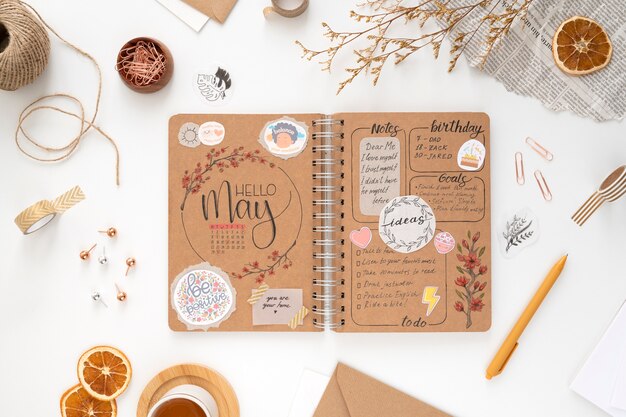 Paper planner bullet journal with stationery