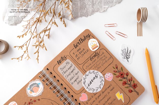 Paper planner bullet journal with stationery