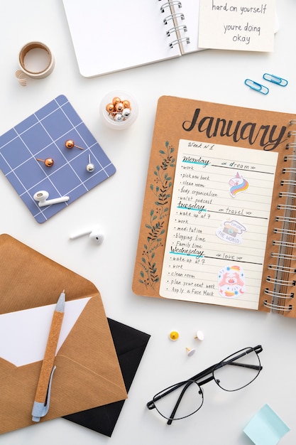 Paper planner bullet journal with stationery