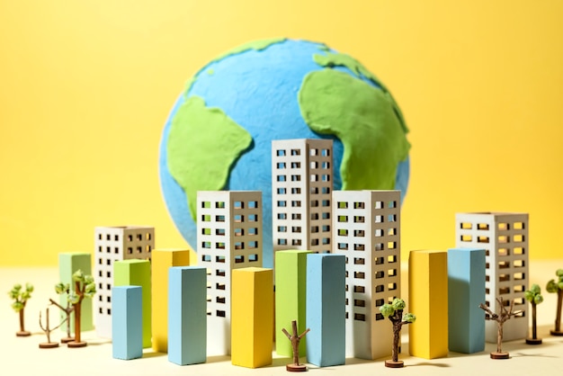 Paper style earth globe with buildings