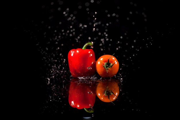 The paper and tomato  stand on the black background