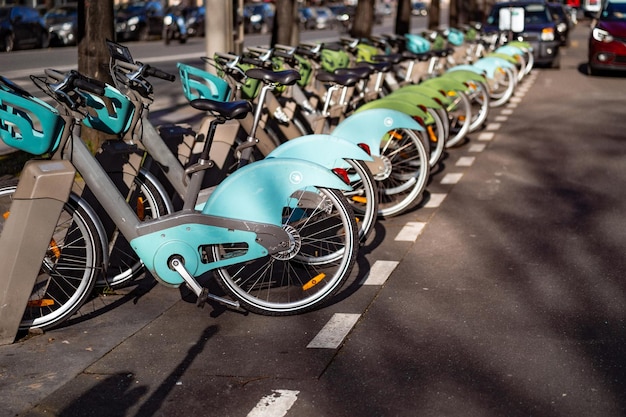 Free photo paris, france, city bicycles, bike rental, bicycle parking.