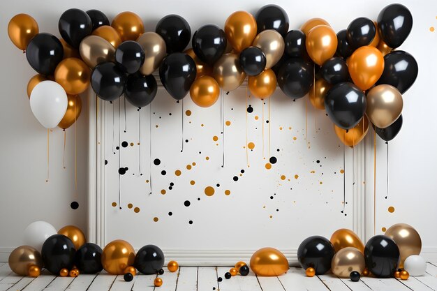 party empty frame with gold and black balloons background