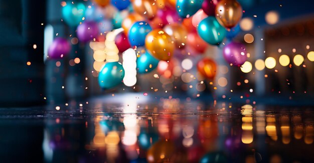 Free Photo party image of balloons and confetti in room with lights and reflections