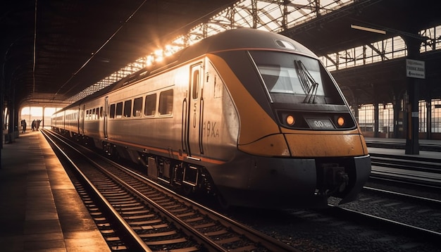 Passengers rush through modern subway station platform generated by AI