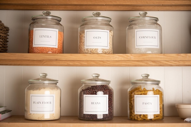 Free Photo pasta beans grains and uncooked cereals on a glass canister with labels on a wooden rack