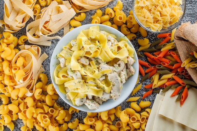 Free photo pasta meal with dough, raw pasta in a plate