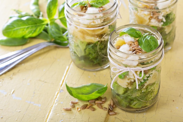 Pasta salad with farfalle peas and feta