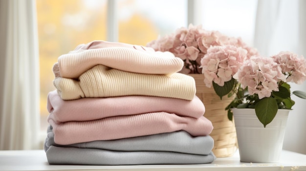 Pastel Wool Sweaters and Hydrangea A collection of soft pastel pink wool sweaters neatly folded on a table