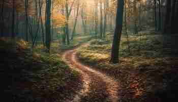 Free photo a path in the woods with the sun shining through the trees.