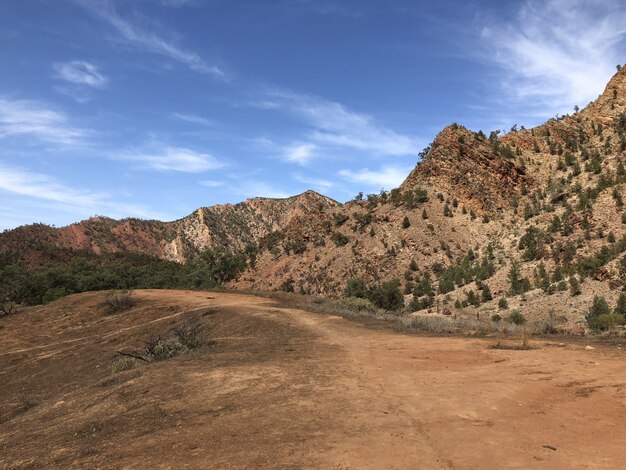 Pathway near mountains covered in trees under a blue cloudy sky