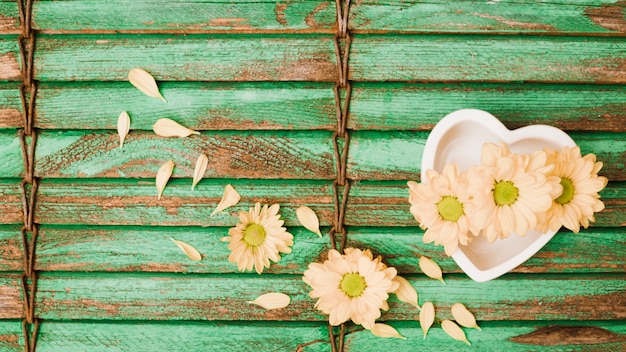 Peach colored flowers and heart shape bowl on wooden shutter background