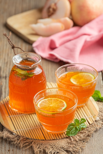 Peach tea Peach food and beverage products Food nutrition concept.