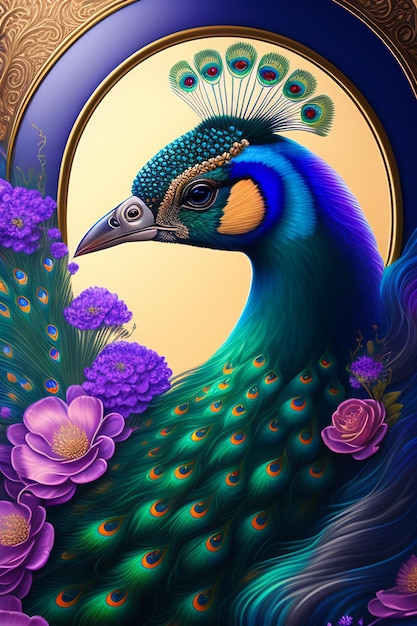 A peacock with a purple flower in the middle