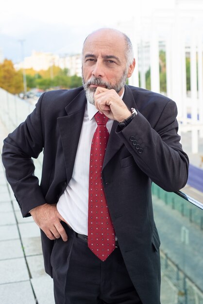 Pensive successful grey haired business owner