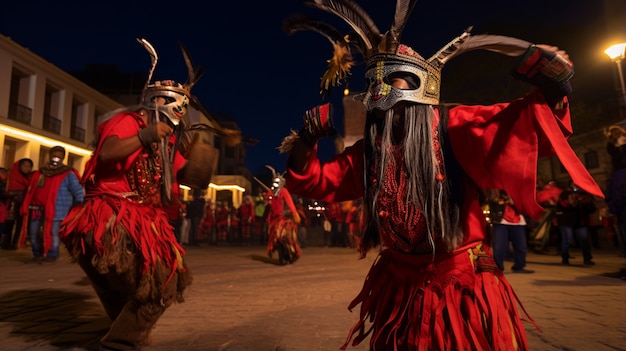 People celebrating new year's eve in traditional costumes and dance