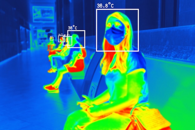 People in colorful thermal scan with celsius degree temperature