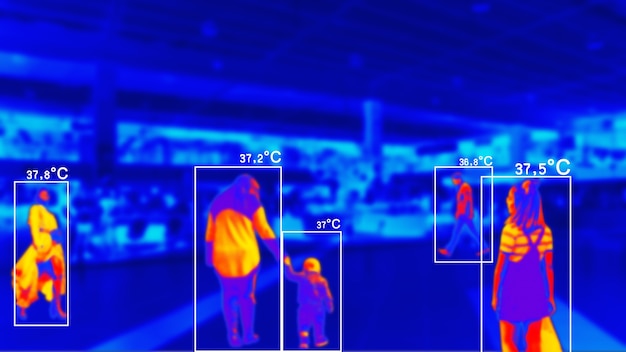 People in colorful thermal scan with celsius degree temperature