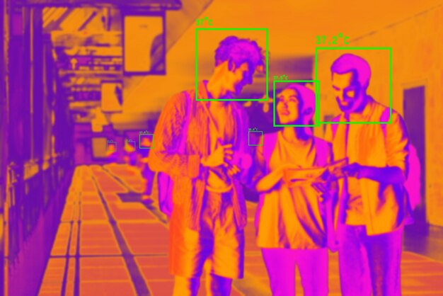 People in colorful thermal scan with celsius degree temperature