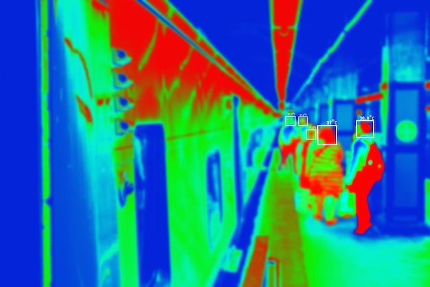 People in colorful thermal scan with celsius degree temperature