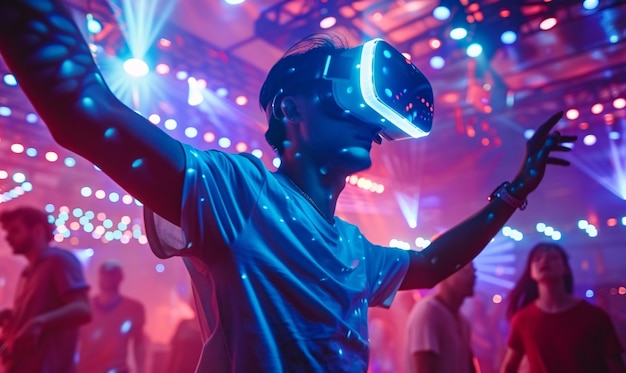 Free photo people dancing at an immersive party with virtual reality headset and bright neon colors