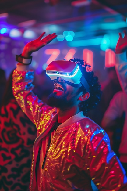 Free photo people dancing at an immersive party with virtual reality headset and bright neon colors