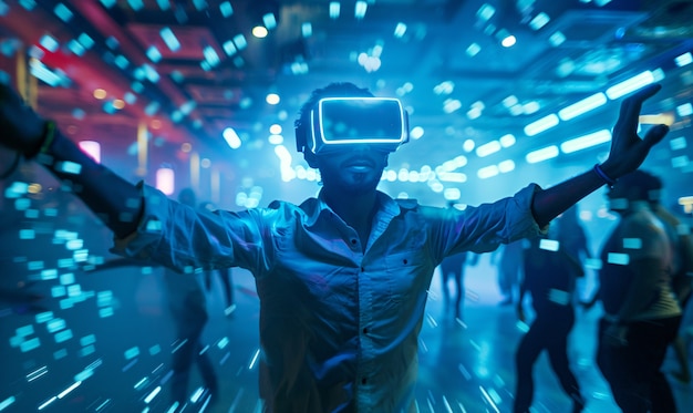 People dancing at an immersive party with virtual reality headset and bright neon colors