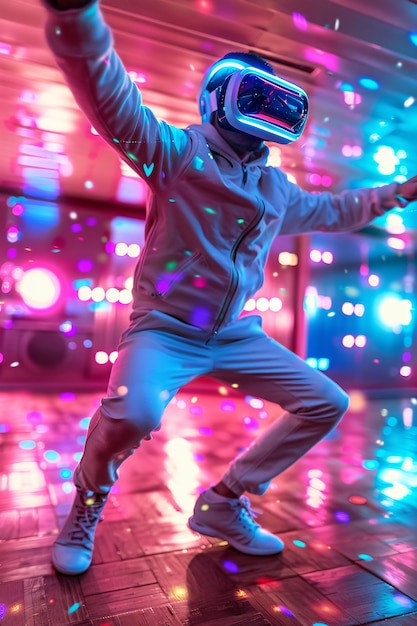 Free photo people dancing at an immersive party with virtual reality headset and bright neon colors