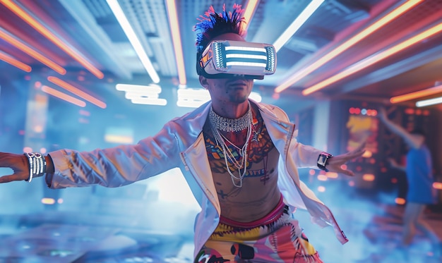 Free photo people dancing at an immersive party with virtual reality headset and bright neon colors