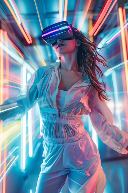 People dancing at an immersive party with virtual reality headset and bright neon colors