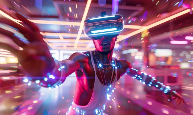 People dancing at an immersive party with virtual reality headset and bright neon colors