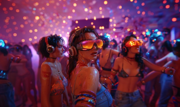 People dancing at an immersive party with virtual reality headset and bright neon colors