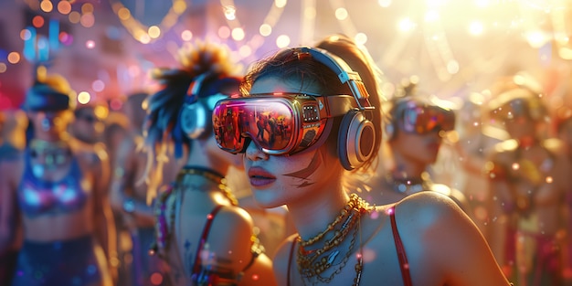 Free photo people dancing at an immersive party with virtual reality headset and bright neon colors