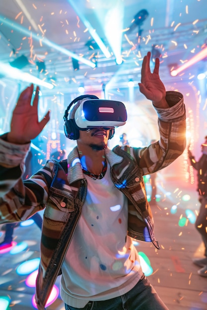 Free photo people dancing at an immersive party with virtual reality headset and bright neon colors