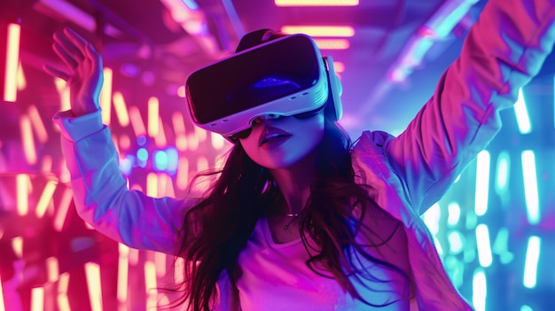 Free photo people dancing surrounded by bright neon lights at a party with virtual reality headset