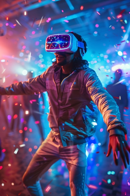 Free photo people dancing surrounded by bright neon lights at a party with virtual reality headset