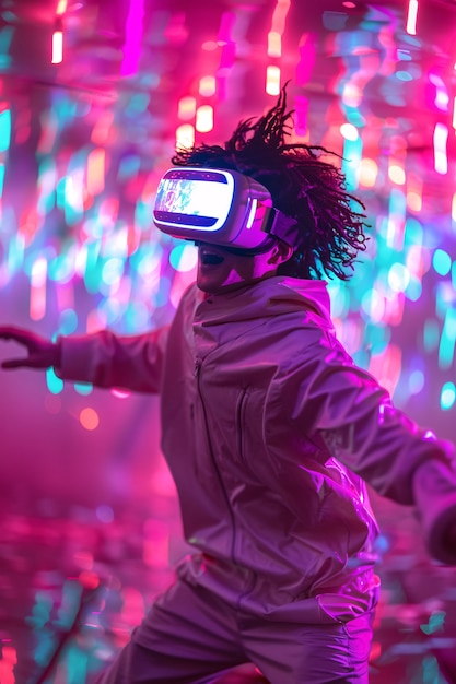 Free Photo people dancing surrounded by bright neon lights at a party with virtual reality headset